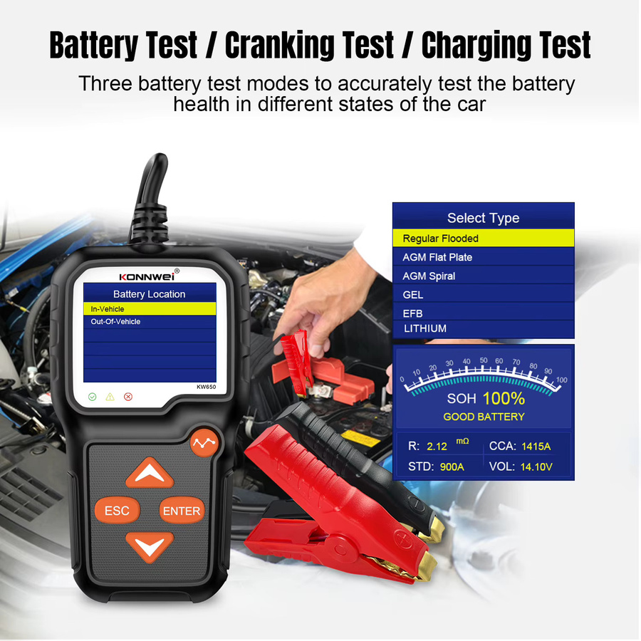 KONNWEI KW650 Batterietester für Auto und Motorrad, 6V 12V Batterieanalysator mit 100 bis 2000 CCA, Schwarz - Bild 4