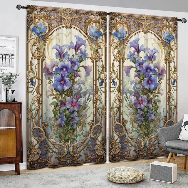 2er-Set Vorhang mit Blumendruck von Household supplies MH in Grau, halbtransparent, B: 52,5 cm x H: 116 cm - Bild 1