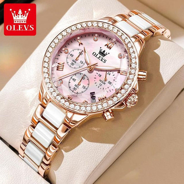 OLEVS Armbanduhr Quarz, Keramik, Diamantbesetzt, Roségold, Damen - Bild 1