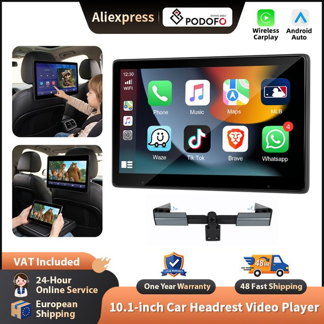 Podofo 10,1 Zoll Kabelloser CarPlay und Android Auto Kopfstützen-Videoplayer mit IPS-Touchscreen und Videorekorder in Schwarz - Bild 1