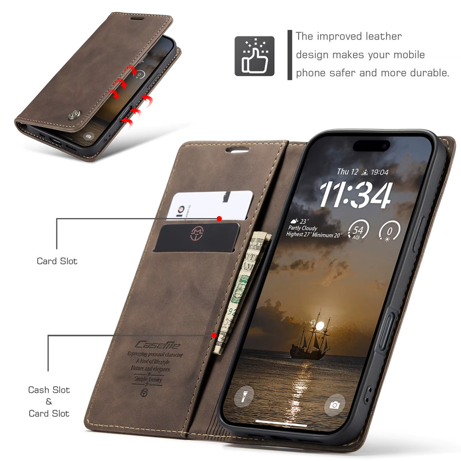 Luxuriöse Leder-Geldbörse-Hülle für Apple iPhone 17 Pro, 17 Pro Max, 17 Air und 16e in Braun mit Kartenfächern und Standfunktion - Bild 2