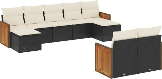 vidaXL 9-tlg Garten-Sofagarnitur in U-Form aus Poly-Rattan und Akazienholz in Schwarz mit Sitzkissen und Rückenkissen - Bild 1