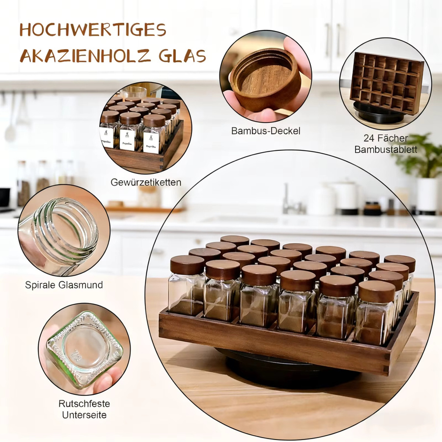 Saeiv Gewürzregal aus Akazienholz mit 12 Gewürzdosen aus Glas und Etiketten, Farbe: Braun, Volumen pro Dose: 120 ml - Bild 6