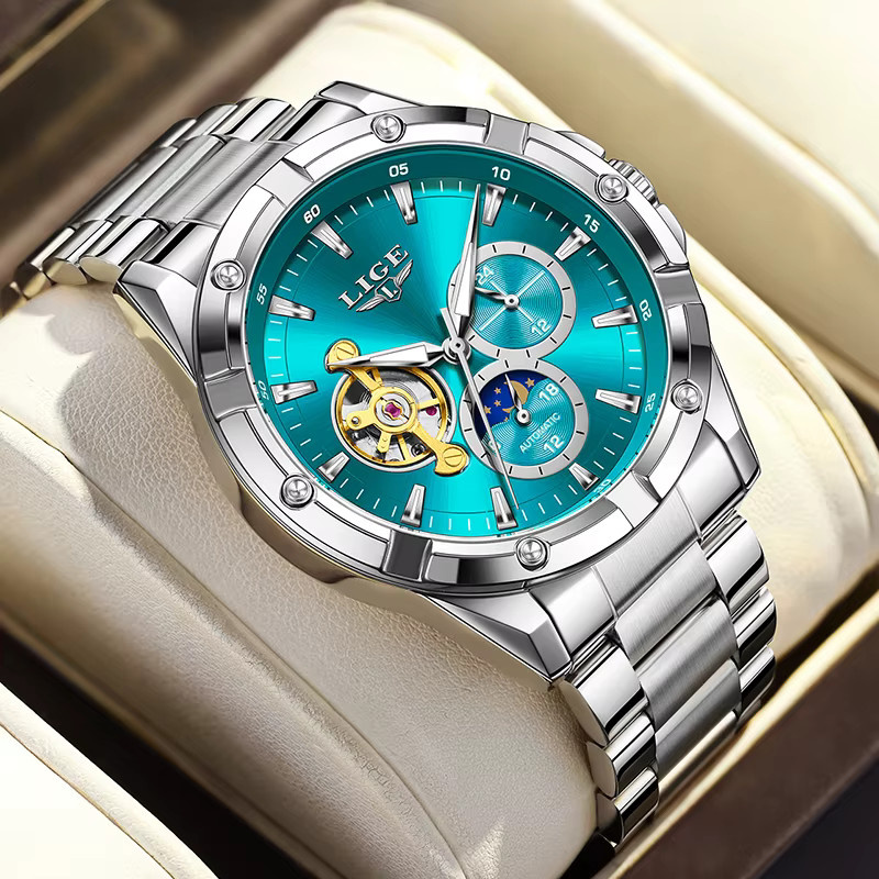 LIGE Armbanduhr Automatik, Edelstahl, Silber, Grün, Herren - Bild 6