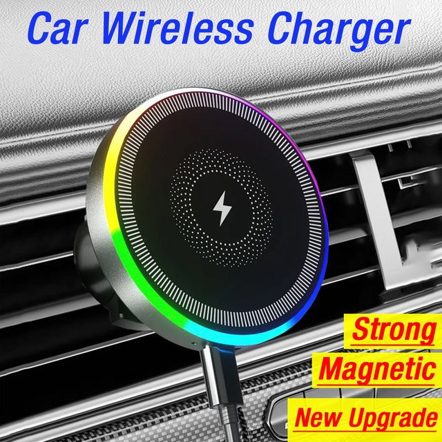 XIKCU Magnetische Wireless Auto Ladestation mit RGB Licht und Luftauslass-Clip für iPhone 16 15 14 13 12 Pro Max, Schwarz - Bild 1