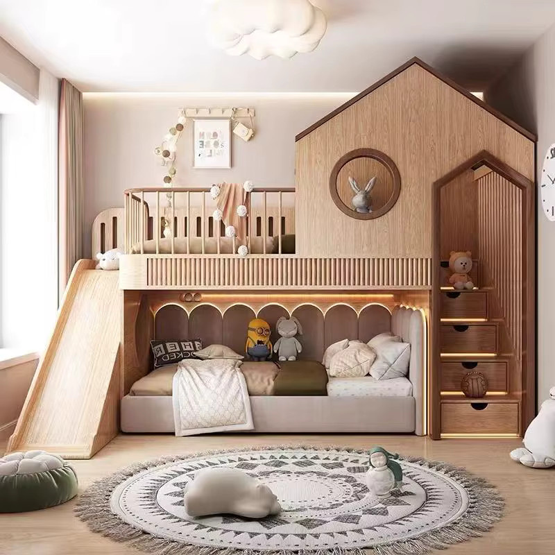 DUTRIEUX Etagenbett für Kinder in modernem Design mit Treppenlagerung und Seitenfächern, Farbe Braun - Bild 2