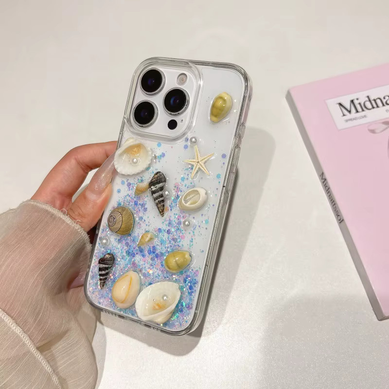 Deluxe 3D Glänzende Strandmuschel Handyhülle für Apple iPhone 17 16 15 14 13 Pro Max, Stoßfeste Hülle mit Trageriemen, transparent - Bild 2