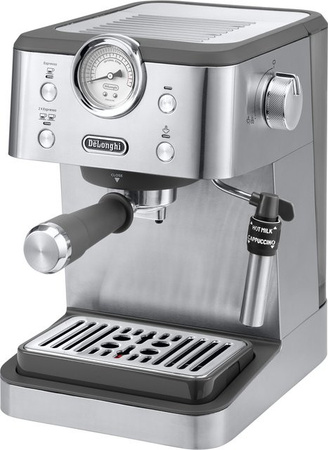 DeLonghi Siebträgermaschine EM450.M in Silber mit Thermoblock, Dampflanze und Edelstahl-Design
