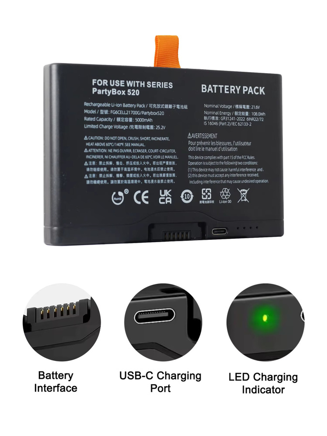 Robinella Ersatzakku 5000 mAh für JBL PartyBox Stage 520 und 720 tragbare Lautsprecher mit USB-C Anschluss, Schwarz - Bild 3