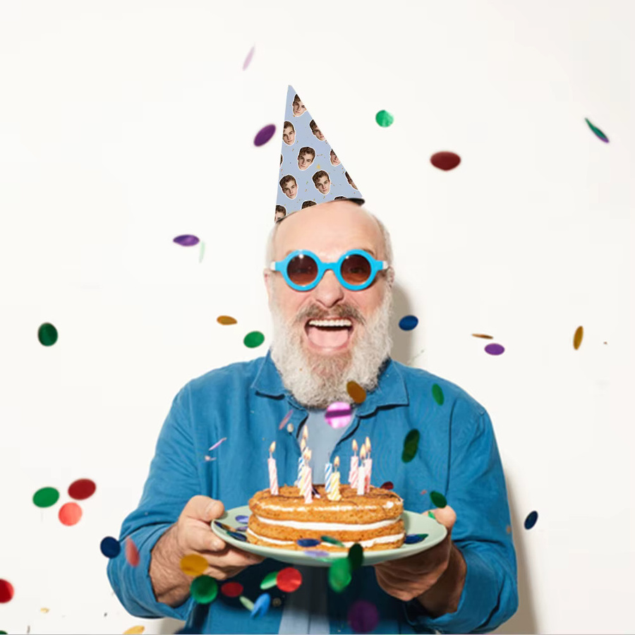 WEIGAO Partykegelhüte mit Gesichtsprint für Geburtstage und Meilensteinfeiern, Mehrfarbig, aus Papier - Bild 3