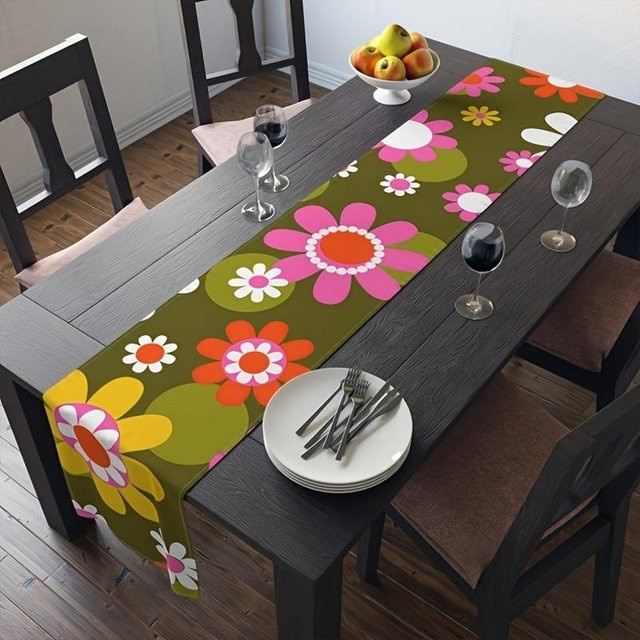 JINGYUE Pet Tischläufer Retro Pop Art Blumen, weiß/mehrfarbig, B/H: 40 x 140 cm - Bild 1