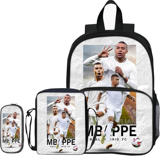 Fancy Style Studio Kinderrucksack Set mit Umhängetasche und Federmäppchen Mbappe Motiv in Weiß - Bild 1