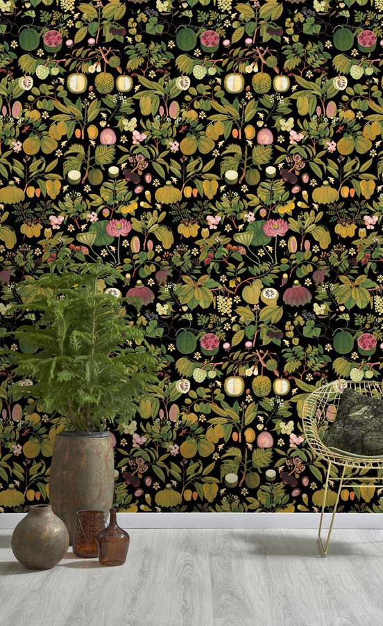 MINDTHEGAP Wandtattoo Mural Asian Fruits and Flowers in Anthrazit, Grün und Multicolour, Non-Woven Botanisches Design - Bild 1