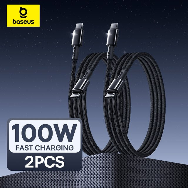 Baseus 2er Pack USB C auf USB C Kabel 100 W Schnellladegerät in Schwarz für iPhone 16 15, MacBook und iPad Pro - Bild 1
