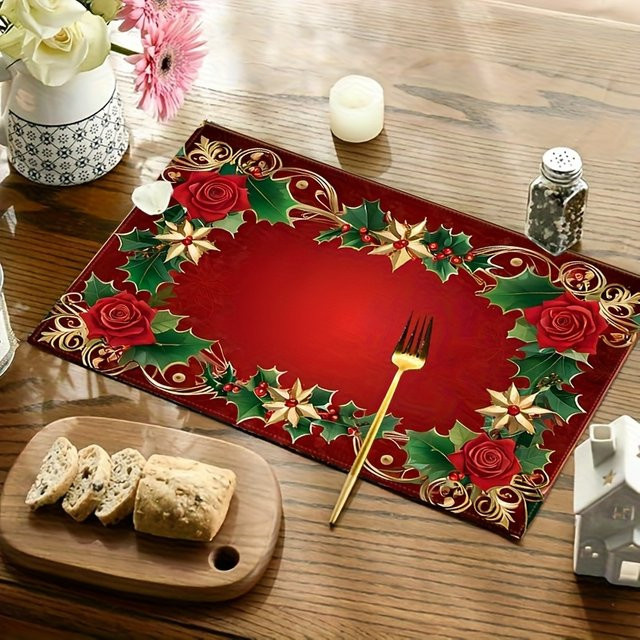 VIKAMA Weihnachts-Tischset aus Leinen mit floralem Rosenmuster und Goldkante in Rot, rechteckig - Bild 1