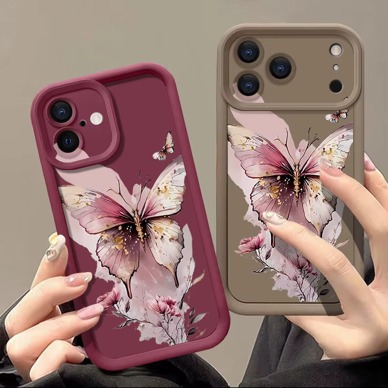 Stoßfeste Silikon-Handyhülle mit rosa Schmetterlingsdruck für Apple iPhone 17 Pro Max, 16, 15, 14, 13, 12 Pro Max und 16 Plus - Bild 1