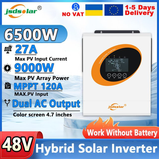 Jsdsolar Hybrid-Solarwechselrichter 6,5KW 48V zu 230V mit Reine Sinuswelle, PV-Eingang 9000W, Farbdisplay, WLAN und 120A MPPT, Dualer AC-Ausgang, Weiß - Bild 1