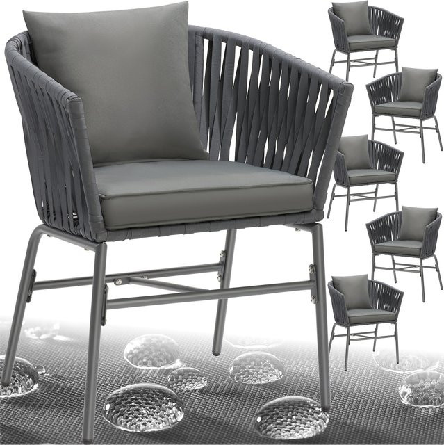 tectake Stuhlset Valeiras 6er Set mit Geflecht im Rope-Design und abnehmbaren Polyesterbezügen in Grau, B/T/H: 60 x 61 x 77 cm - Bild 1
