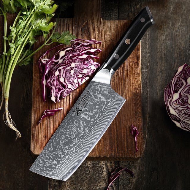 DASHWAY Nakiri Kochmesser aus japanischem Damaszener Stahl, 17,78 cm Profi-Gemüseschneider mit ABS-Griff - Bild 1