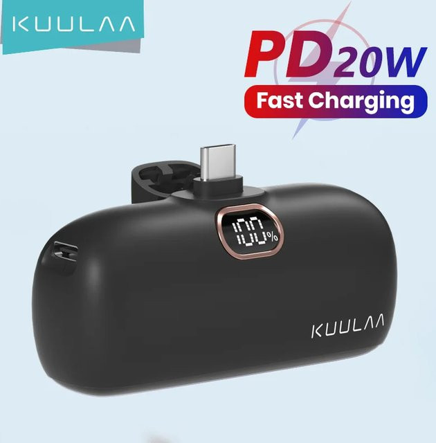 Kuulaa Mini Powerbank 5000mAh mit QC PD Schnellladung für iPhone 15 14 13 und Xiaomi Mi, Tragbares Ladegerät mit USB-C, Farben: Schwarz oder Lila - Bild 1