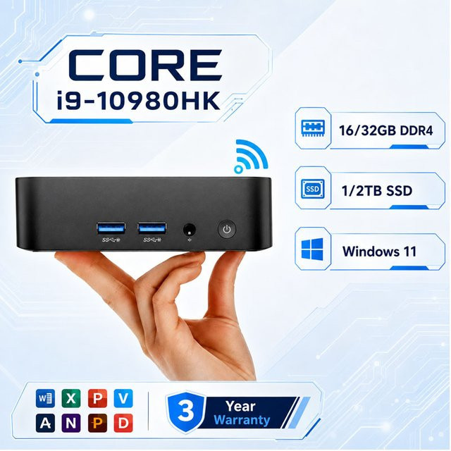 Mini PC mit Windows 11, Intel Core i9 10980HK, 32GB RAM, 1TB SSD, WiFi 6 und Bluetooth 5.2, Schwarz - Bild 1