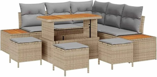 vidaXL Garten-Sofa-Set aus Polyrattan in Beige mit 9 Teilen und Kissen - Bild 1