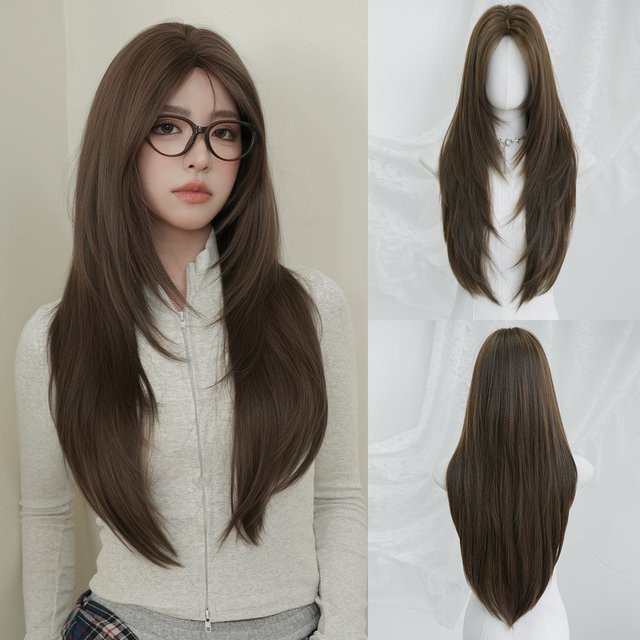 7JHH WIGS Perücke für Damen, mokkabraun, lang, glatt, synthetisch - Bild 1
