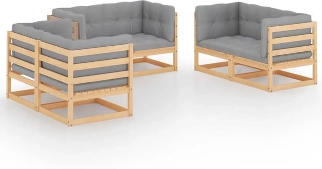 vidaXL 6-tlg Garten-Lounge-Set aus Kiefer Massivholz in L-Form mit grauen Kissen - Bild 1