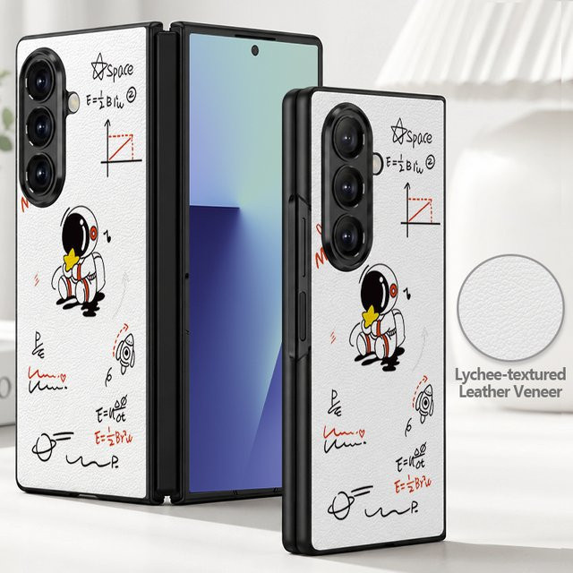 Handyhülle aus weißem PU-Leder mit Cartoon-Astronauten-Print für Samsung Galaxy Z Fold 8, Fold7, Fold6, Fold5 und Fold4 mit hartem PC-Rahmen - Bild 1