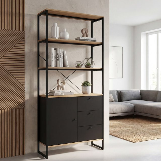 Finebuy Mehrzweckregal im Industrial Design mit Schubladen und Tür, Eiche Dekor, Höhe: 180 cm - Bild 1