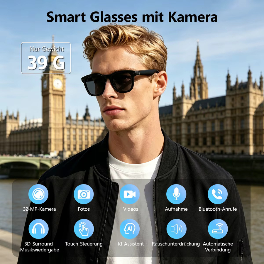 Hganus KI Smart Glasses mit Kamera und 3600 mAh Akku, Intelligente Übersetzung, Foto- und Videoaufnahme, Sonnenbrille in Schwarz, Kompatibel mit ChatGPT, App, WiFi 4 und Bluetooth 5.3 - Bild 3