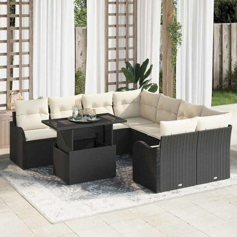 Modernes Garten-Sofa-Set mit 9-teiligem Kissen-Set aus Poly-Rattan und Glas in Schwarz von vidaxl - Bild 1