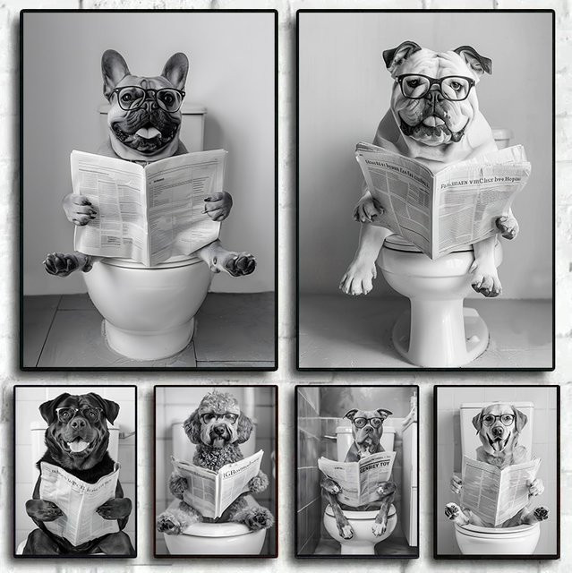 Potdemiel Wandbild Leinwandgemälde mit schwarz-weißer französischer Bulldogge auf der Toilette als Badezimmerdekoration - Bild 1