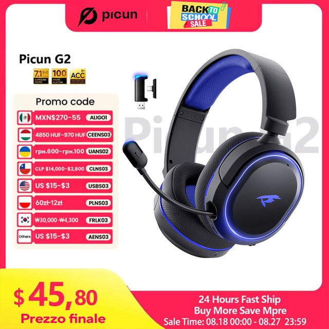 Picun G2 Wireless Gaming Headset mit Bluetooth 5.3 und 2,4G Verbindung, 7.1 Surround Sound, 5ms geringer Latenz und ENC-Mikrofon für PC, PS4 und PS5 - Bild 1