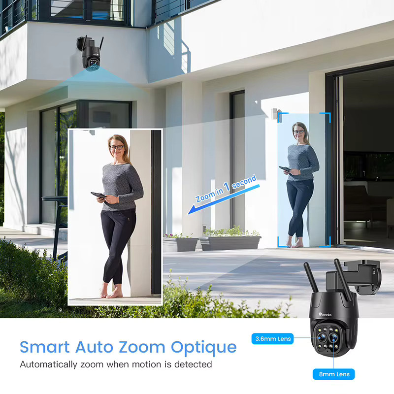 Ctronics Wifi Überwachungskamera mit Dual-Objektiv, optischem Zoom und PTZ-Funktion, Farbe: Schwarz, mit Nachtsicht und Auto-Tracking für den Außenbereich - Bild 3