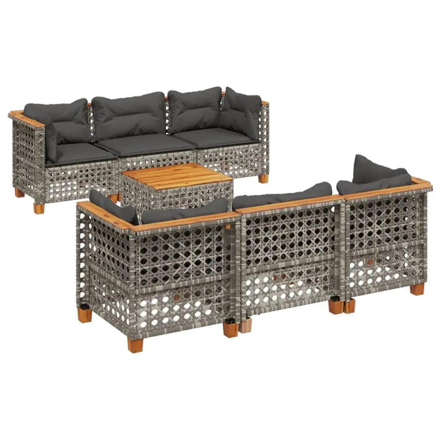vidaXL 8-tlg Garten-Sofagarnitur in L-Form aus Poly Rattan und Akazienholz mit Kissen, Grau - Bild 2