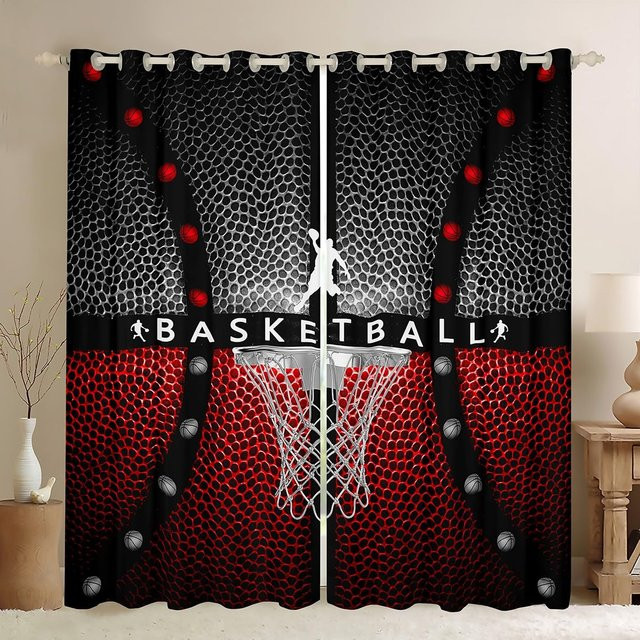 Yiran Furniture Basketball Vorhänge mit 3D-Ballfeld-Design, halbtransparent, Mehrfarbig, B: 55 cm, H: 120 cm, 2er-Set mit Ösen - Bild 1