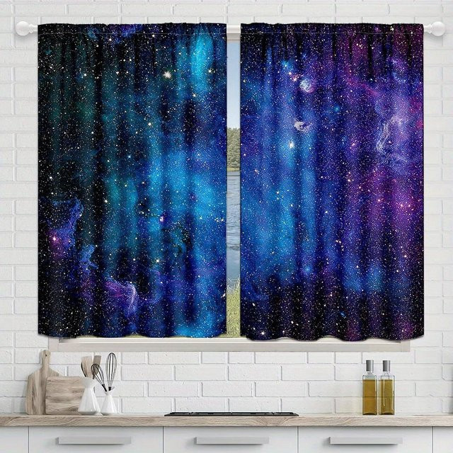 2er-Set Galaxy Fenster Vorhänge mit Sternenhimmel-Design, halbtransparent, Mehrfarbig, B: 50 cm, H: 130 cm - Bild 1