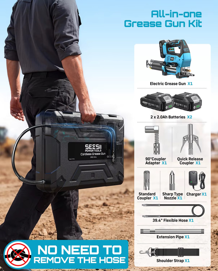 Seesii GR02 Ultra Elektrische Fettpresse Set Blau, Kabellose Bürstenlose Hochdruck-Schmiermaschine mit 2,0Ah Akku, 39,4 Zoll Flexibler Schlauch und LED-Licht - Bild 7