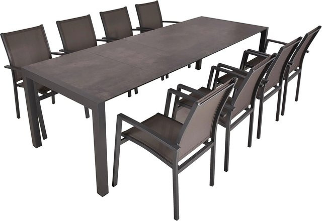 DELUKE Garten-Sitzgruppe HAUKE 9-teiliges Gartenmöbel-Set in Dunkelbraun mit ausziehbarem Esstisch und Stapelstühlen aus Kunststoff und Aluminium - Bild 1