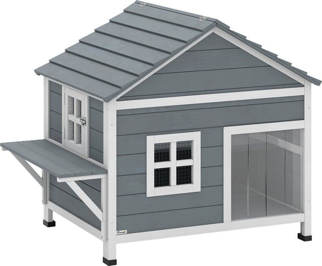 PawHut Katzenhaus aus Holz in Grau mit 2 Etagen, wetterfestes Katzenhaus für draußen mit aufklappbarem Dach, erhöhter Basis und Plattform, B/T/H: 101 x 72,5 x 81 cm - Bild 1