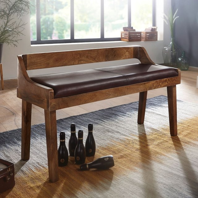 Finebuy Garderobenbank aus Massivholz und Echtleder in Braun mit Lehne, Breite: 108 cm - Bild 1