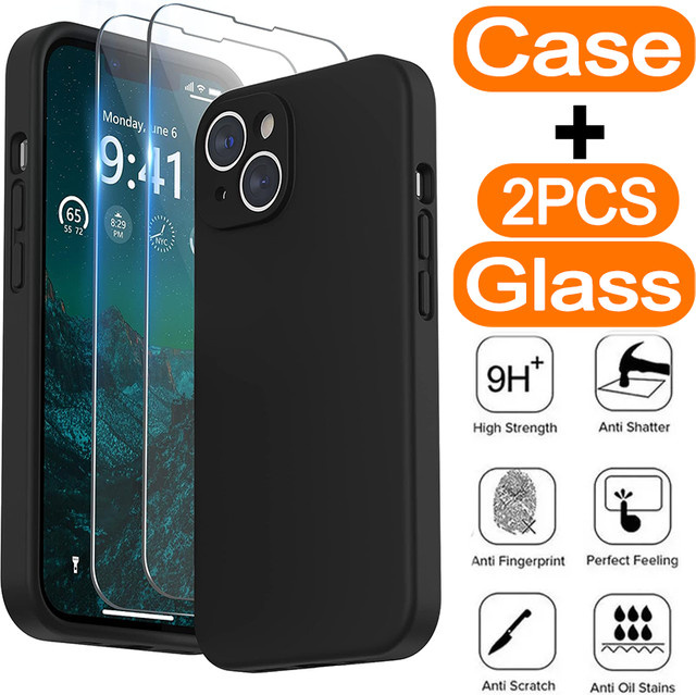 Schutzset für Apple iPhone mit schwarzer stoßfester Handyhülle und 2 Stück gehärtetem Glas - Bild 1
