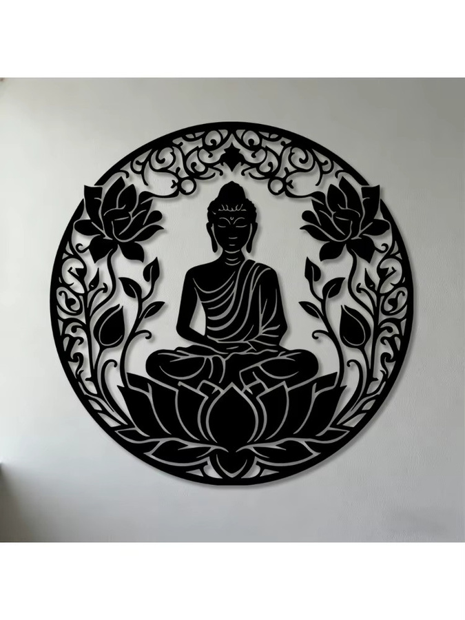 CIFBUY Buddha Lotus Mandala Wandkunst aus Metall in Schwarz, runde orientalische Meditations-Dekoration mit floralem Design - Bild 6