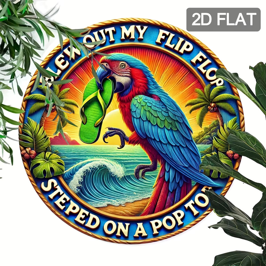 Potdemiel Rundes Aluminiumschild Tropical Seaside Beach mit Papagei und Flip-Flops, Durchmesser: 20,3 cm, Mehrfarbig - Bild 3