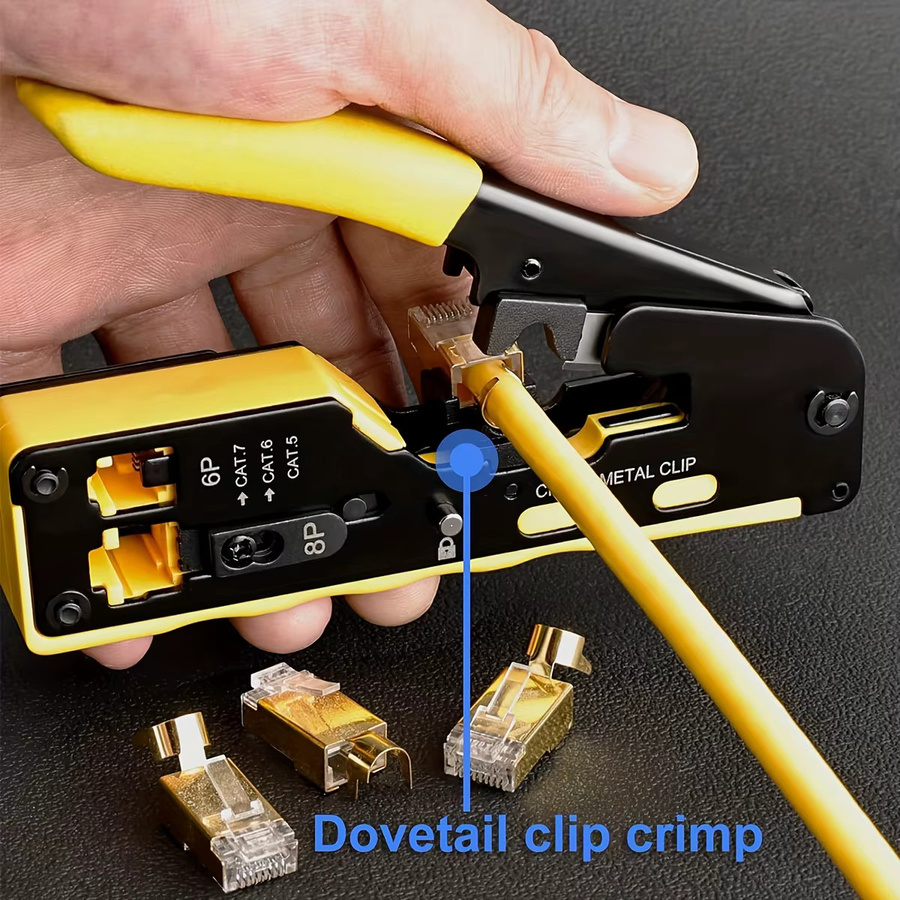 NIUXIANG Ratschenmodular-Datenkabelcrimper, Abisolierzange und Drahtschneider für RJ11, RJ12 und RJ45 Pass-Thru-Anschlüsse in Gelb - Bild 2