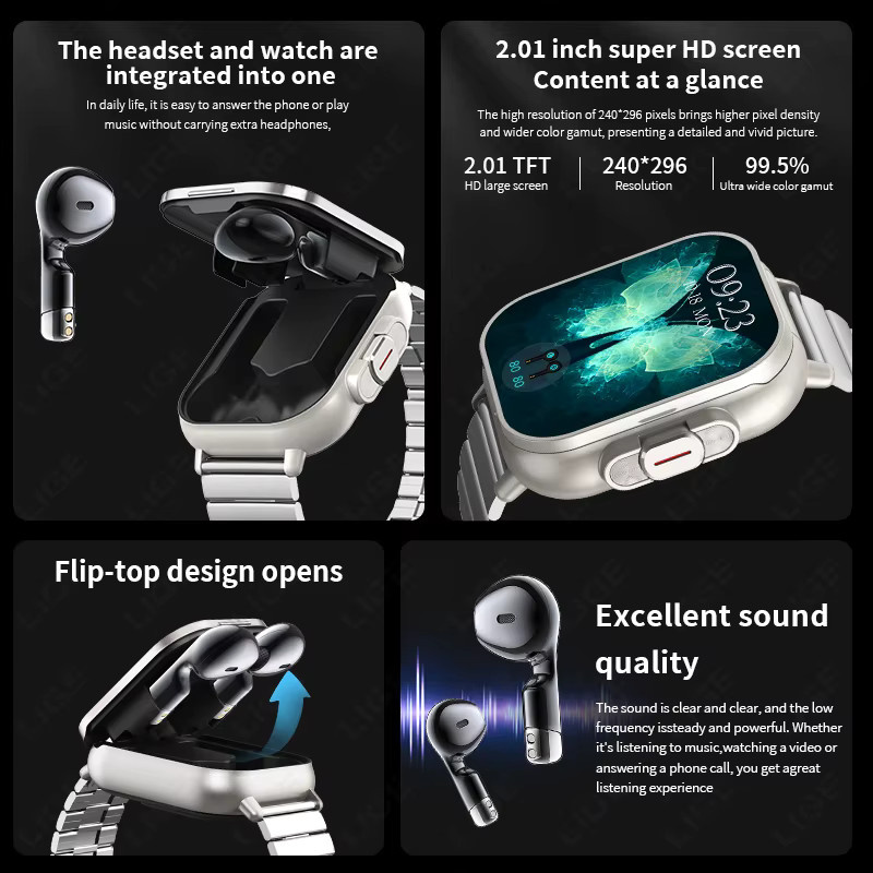 LIGE 2-in-1 Smartwatch mit integrierten TWS Kopfhörern und NFC, Bluetooth Sport Armband mit Herzfrequenzmessung und Anruffunktion in Grau für Android und iOS - Bild 2