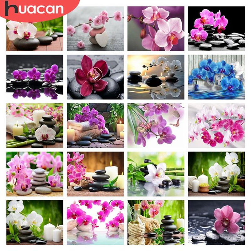 HUACAN Diamantmalerei DIY Set mit Orchideen und floralem Mosaik Design, mehrfarbig, rund - Bild 1