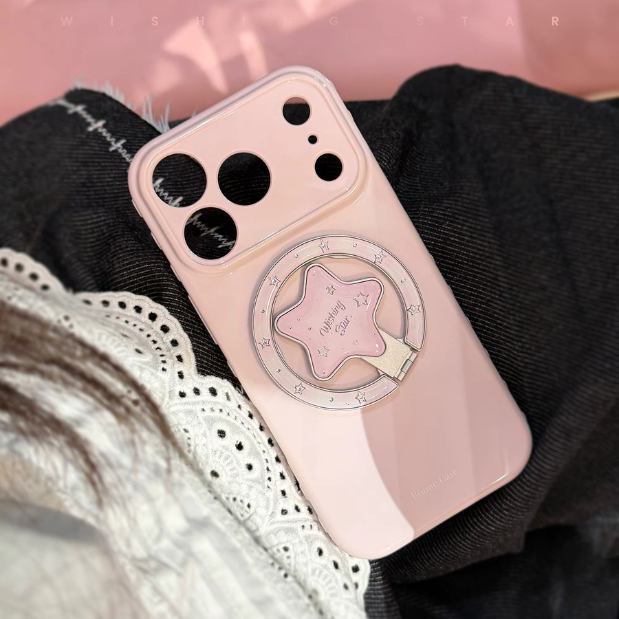 Glänzende Schutzhülle für Apple iPhone 17 16 15 14 13 Pro Max in Pink mit vergoldetem Stern-Magnethalter - Bild 2
