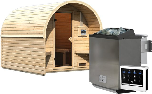 Karibu Fasshaus Life Set aus nordischer Fichte naturbelassen inklusive 9 kW Bio Ofen mit externer Steuerung, Kabel und Dachfolie - Bild 1